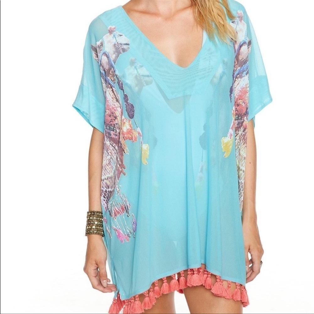 Chaser Blue Tassel Camel Print Bali Mesh Cover Up Dress Size XS Small
